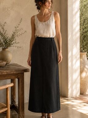 Conrad C Black Linen Blend Contrast Stitch Maxi Skirt Y2K 14